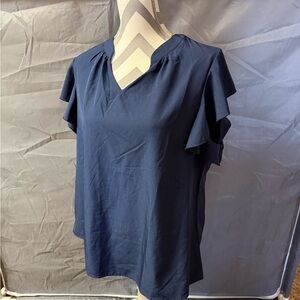 Navy Ruffle Sleeve V-Neck Women's Top